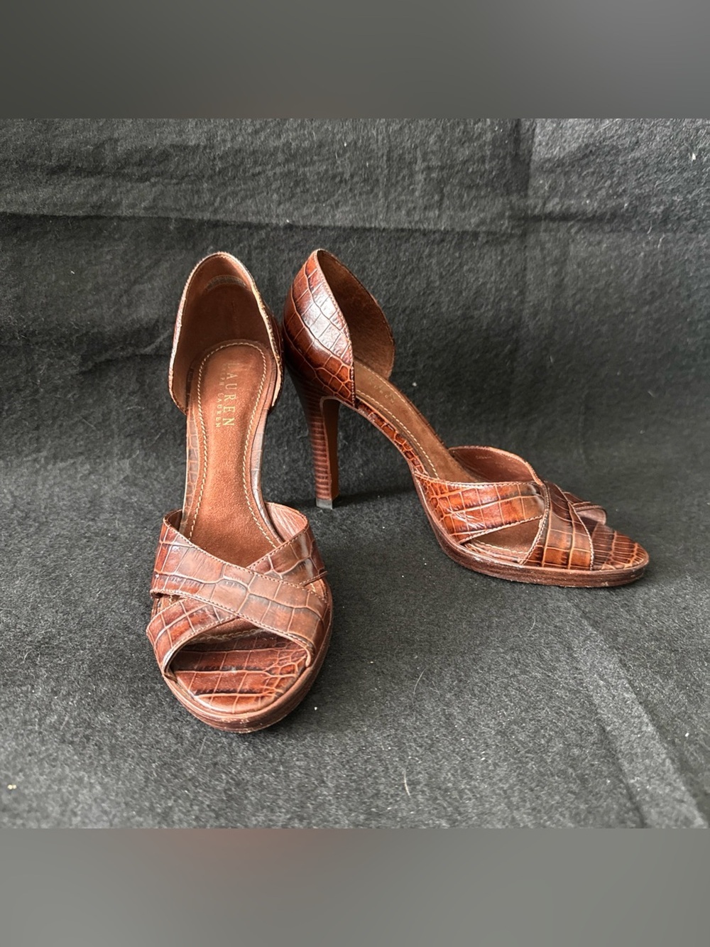 Lauren Ralph Lauren Brown Snake Skin Leather Slip On Open Toe Heels Sandals 7